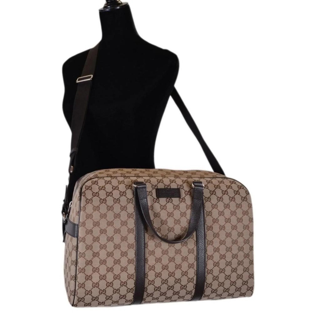 Gucci Large GG Logo Beige Canvas Brown Leather Strap Duffle